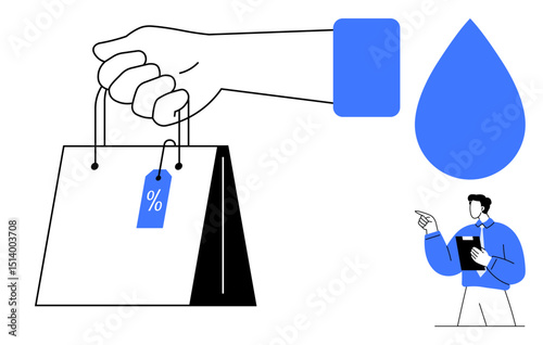 Hand with shopping bag featuring percentage tag, blue drop shape, and pointing office worker. Ideal for retail, sales, discounts, e-commerce, business, marketing customer interaction flat simple