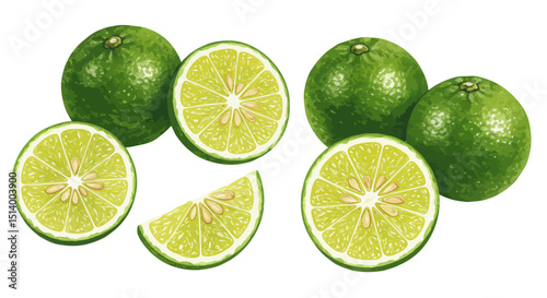 Watercolor Illustration Of Green Citrus Fruits With Slices Creating A Fresh Vibrant And Natural Artistic Composition On A White Background Full Of Freshness