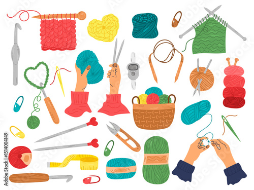 Knitting set. Yarn and thread, a skein of wool, knitting needles, a basket for yarn, a set for weaving wool, scissors. A set of knitting tools and materials