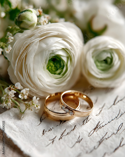 Elegant wedding rings resting on delicate fabric beside lush white flowers, symbolizing love and commitment, with soft natural lighting enhancing the romantic atmosphere