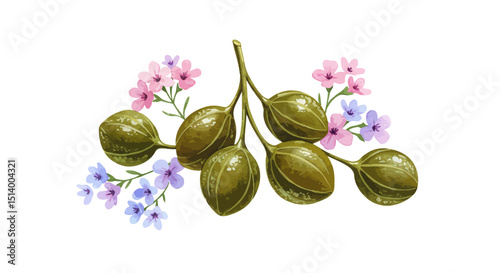 Watercolor Painting Showcasing Delicate Pink Blossoms Alongside Golden And Green Caper Fruits Evokes A Sense Of Natural Beauty And Botanical Illustration Art