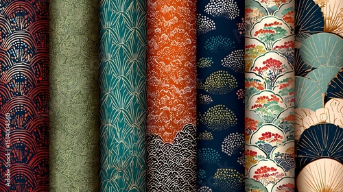 A collection of patterned fabrics with various designs and colors displayed vertically side by side