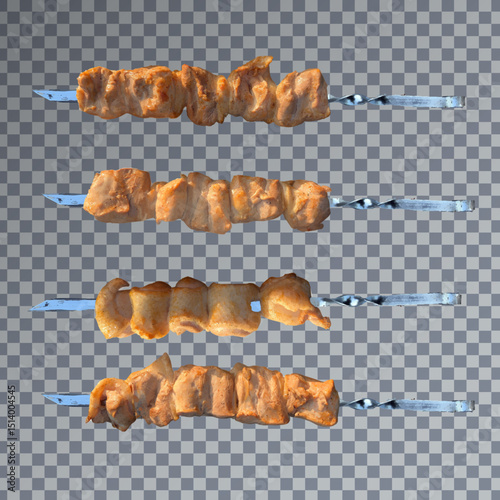 Vector grilled skewers with juicy meat, barbecue, isolated on dark background