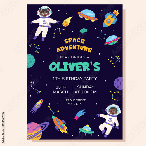 Childrens invitation for birthday party. Children astronauts and planets, comets, rockets, spaceships. Poster, postcard, greeting card.