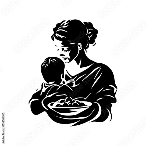 Mother with Baby: Illustration of a mother holding her child, carrying a plate of food, symbolizing nurture and protection.