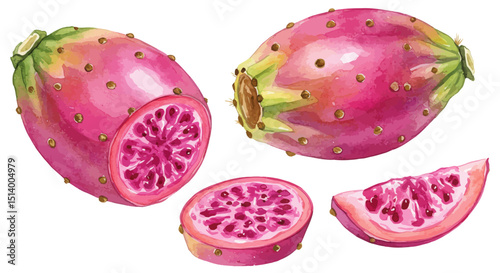 Watercolor Illustration Of Prickly Pear Fruits Showcasing The Vibrant Pink Hues And Intricate Details Of The Fruit And Its Sections Against A White Backdrop