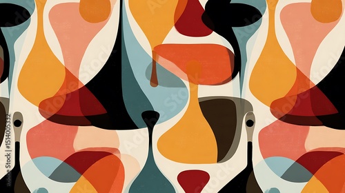 Abstract seamless pattern with overlapping shapes and colors in a retro style design