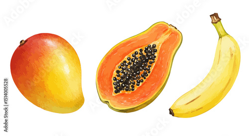 Watercolor Depiction Of Fresh Fruits Showcasing A Ripe Mango A Halved Papaya Exposing Its Seeds And A Yellow Banana All Rendered In A Soft Artistic Style