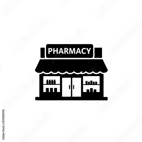 Black silhouette of a pharmacy building with window displays and sign  