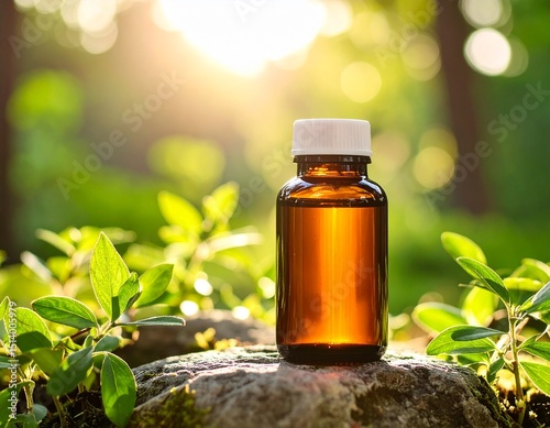 Medicine Bottle Mockup in Natural Outdoor Setting with Greenery photo