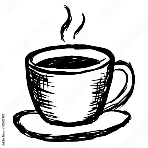 Simple sketch of steaming coffee cup on a saucer  
