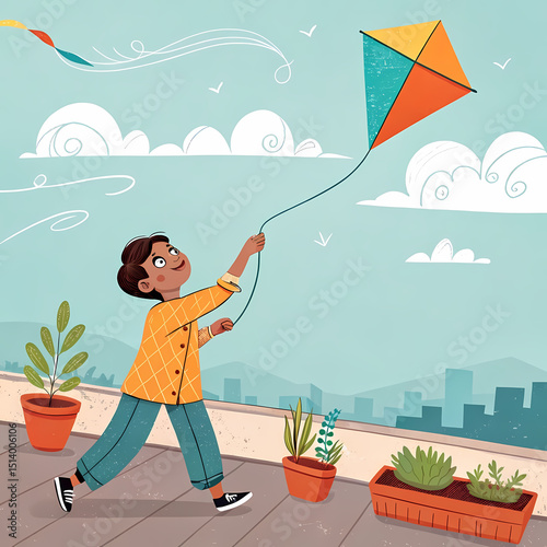 A joyful boy flies a kite from a rooftop, his face alight with happiness. A bright, uplifting design. photo