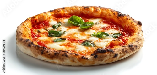 A close up shot of a margherita pizza with fresh basil leaves on a white background surface