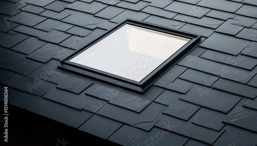 Close-up of a black tiled roof with skylight window on top of a modern residential house