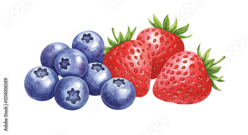 Vibrant Watercolor Illustration Presents A Cluster Of Blueberries And Strawberries Showcasing The Textures And Colors Of The Fresh Fruit On A White Background