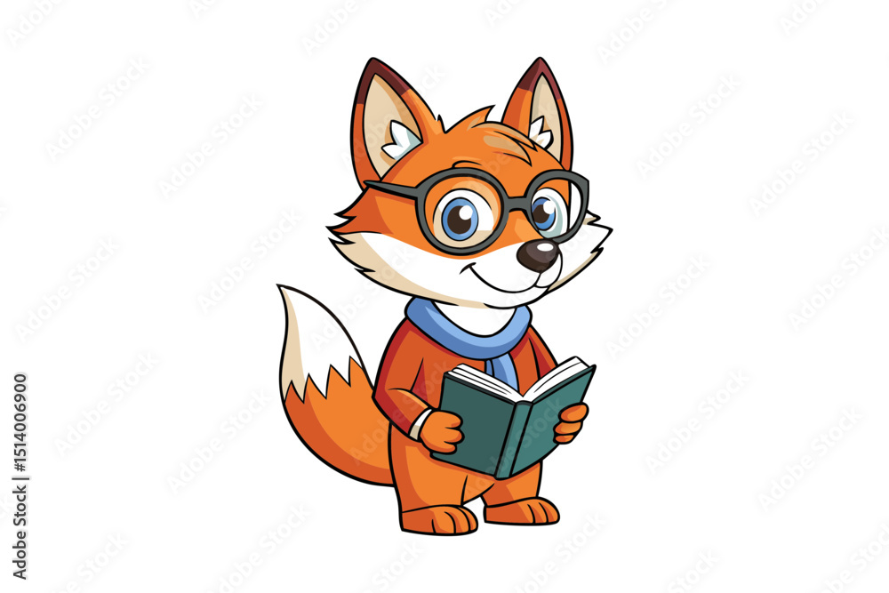 Obraz premium Bookworm Fox Vector in Reading Pose with Glasses