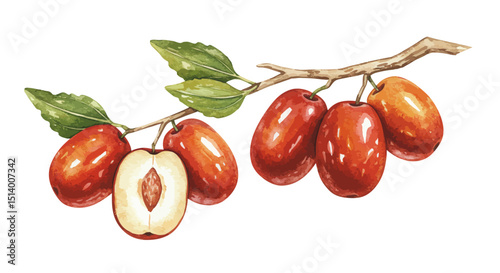 Watercolor Painting Showcases A Branch With Bright Reddish Brown Jujube Fruits And Verdant Leaves Creating A Fresh Organic And Artistic Illustration