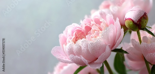 A close up of light pink peonies with water droplets and a light gray background bloom flower