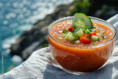 A refreshing gazpacho soup served in a glass bowl.