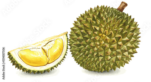 Detailed Watercolor Vector Illustration Of A Whole Durian Fruit And A Slice Showcasing Its Spiky Exterior And Creamy Yellow Flesh On A Clean White Background