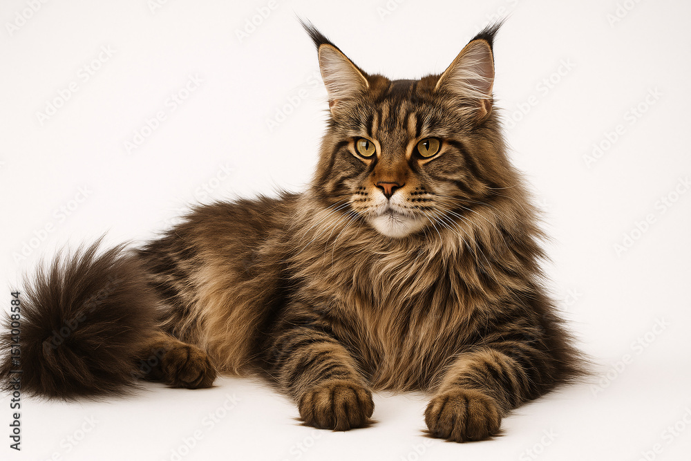 Fototapeta premium Maine Coon Cat Lying Down, White Background
