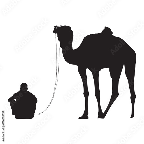 Silhouette of Man Sitting Beside Camel on White Background