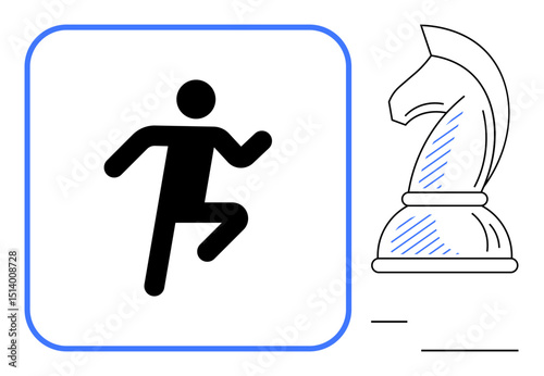Simplified person running within a square beside chess knight piece. Ideal for strategy, action, planning, competition, intelligence, decision-making, movement. Flat simple metaphor