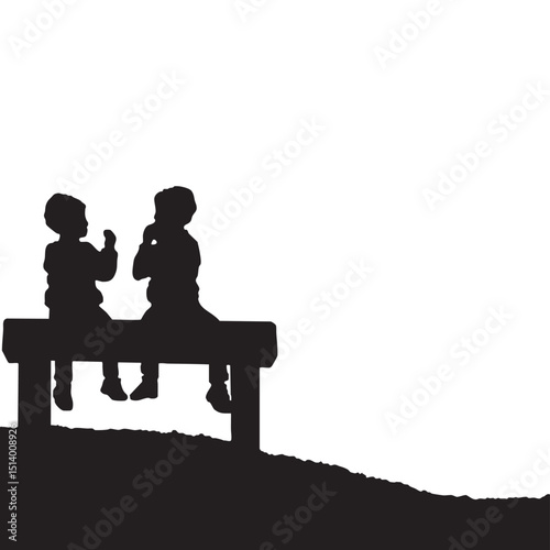 Two Young Children Sitting on Bench Silhouette Against White Background