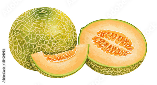 Watercolor Vector Illustration Of A Honeydew Melon With A Sliced Wedge And Half Showing Seeds Creating A Fresh And Summery Visual Appeal