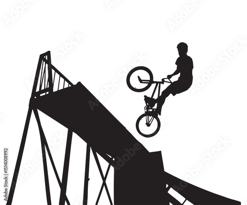 BMX Rider Performing Trick on Ramp Silhouette Isolated on White