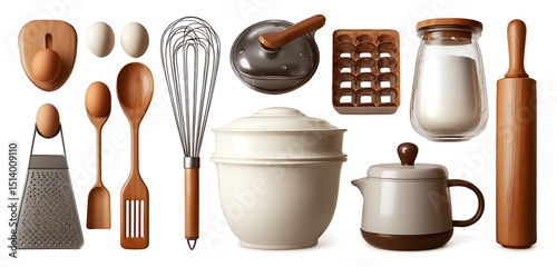 A collection of kitchen utensils including a whisk, rolling pin, and various containers and tools