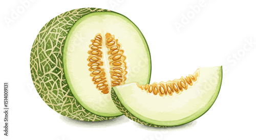 A Vibrant Watercolor Vector Artwork Depicts A Halved Cantaloupe With A Slice Showcasing Its Textured Skin And Juicy Interior Against A Clean White Backdrop