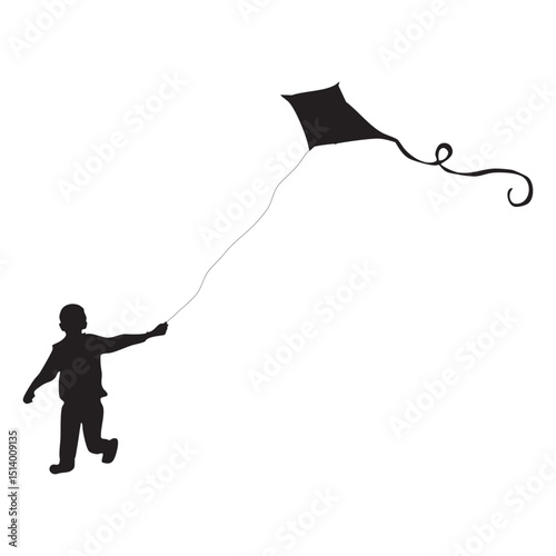 Silhouette of Child Running with Kite on White Background