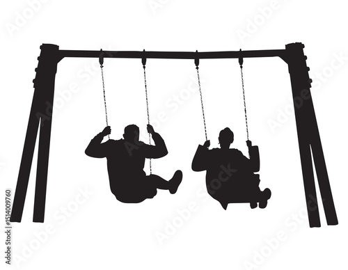 Two People on Playground Swings Silhouette Against White Background