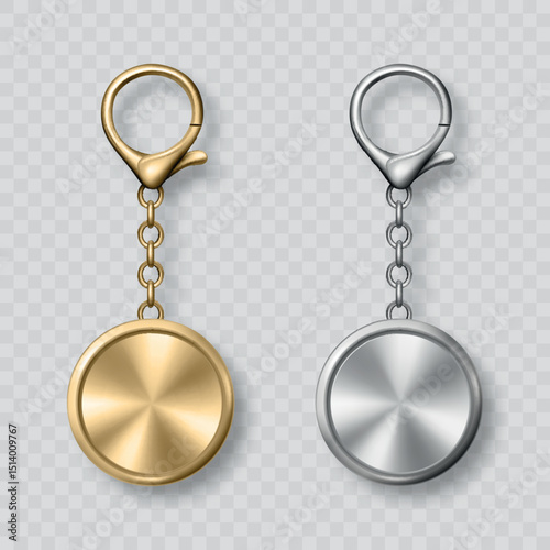 Vector Gold and Silver Keychain Icon Set, Isolated. Realistic Round Keychain Design for Branding. Blank Keychain Mockup for Logo. Luxury Metallic Keychain Template for Custom Accessory Design
