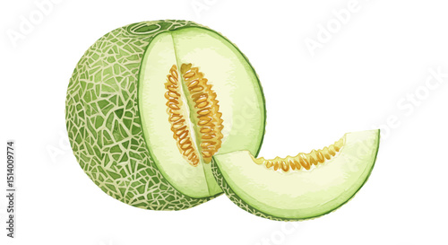 Watercolor Illustration Of A Halved Cantaloupe With A Slice Removed Showcasing The Fruits Green Rind And Orange Seeds Rendered In A Delicate Artistic Style