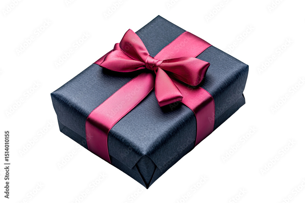 Obraz premium Elegant gift box wrapped in blue paper with a luxurious pink ribbon on black background