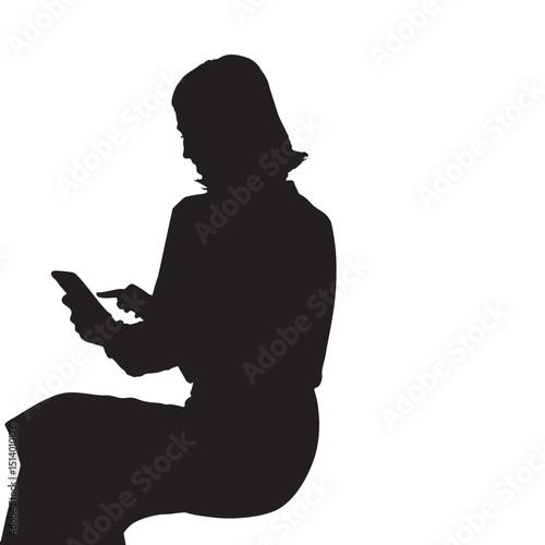 Silhouette of Woman Sitting and Using Smartphone on White Background