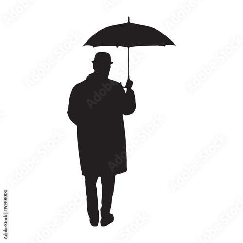 Silhouette of Man Holding Umbrella in Coat and Hat on White Background