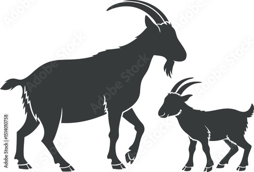 Silhouette of an Adult Goat Standing Next to a Smaller Kid Goat, Both with Curved Horns, Portraying a Nurturing Relationship, Set Against a White Background, black and white goat