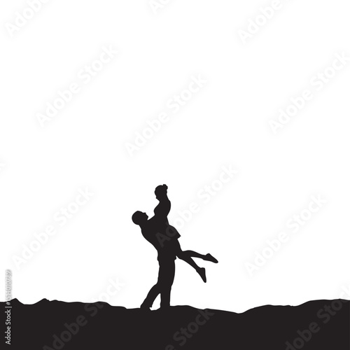 Silhouette of Man Lifting Woman Outdoors Against White Sky