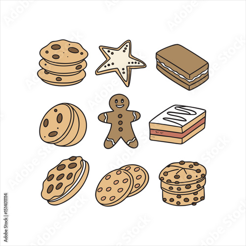 Flat vector icons of cookies and biscuits: chocolate chip cookie, oatmeal raisin cookie, shortbread star, sandwich cookie, biscotti slice, gingerbread man, sugar cookie with icing, cookie stack.
