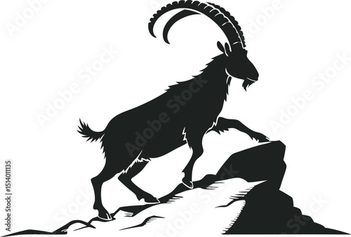 Stylized Black Silhouette of a Goat Walking with Curved Horns, Beard, and Shaggy Fur, Set Against a Plain Background with Grass at the Base, goat on a white background
