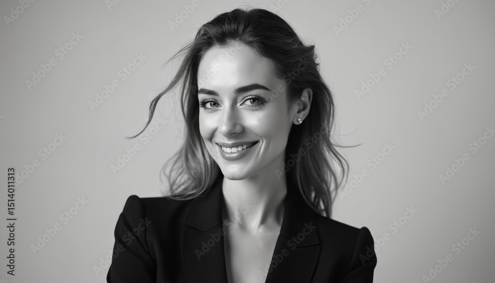 Fototapeta premium Elegant European businesswoman posing professional portrait in monochrome. Confident woman wears black jacket with stylish hair, smiles. Concept for business success, style, leadership, confidence.