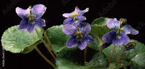 A close up of several purple violet flowers with water droplets on a black background