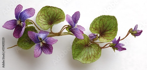 Watercolor painting of a violet flower branch with green leaves on a white background art