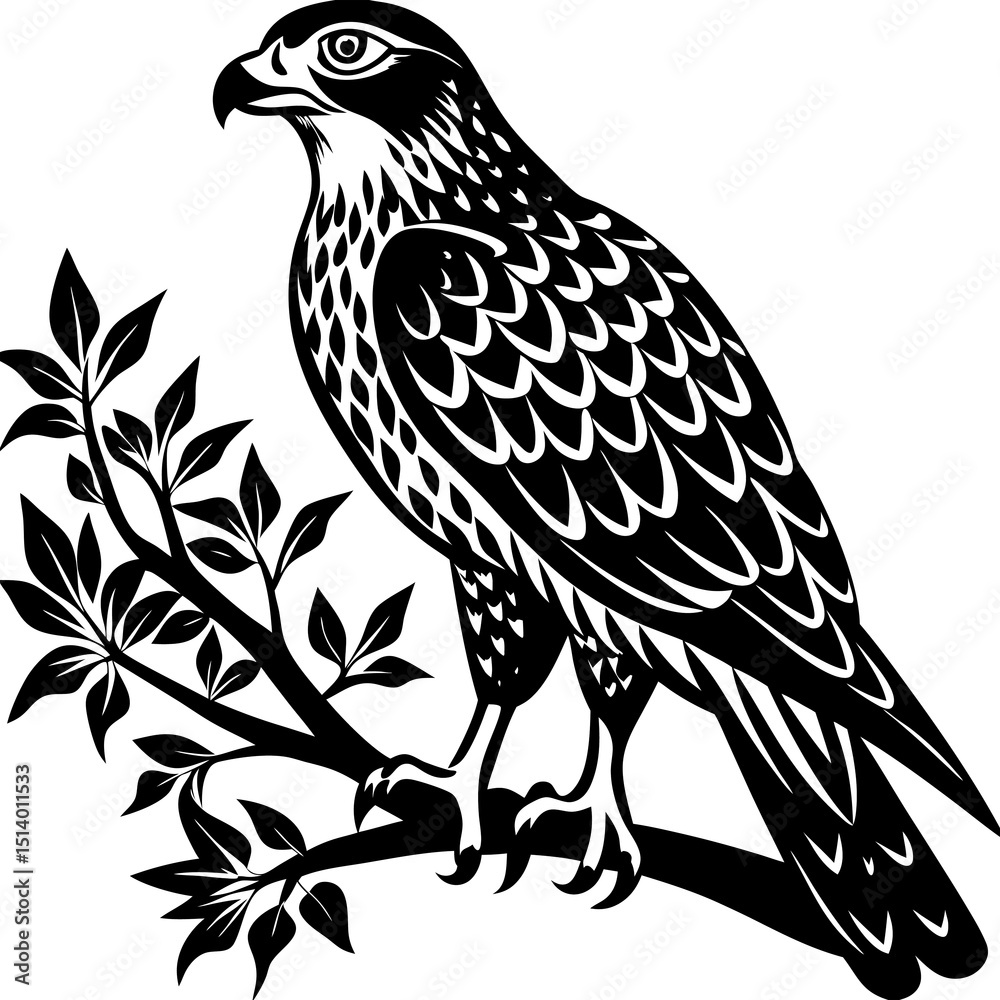 Fototapeta premium Black and White Hawk on a Branch: Majestic Bird Silhouette