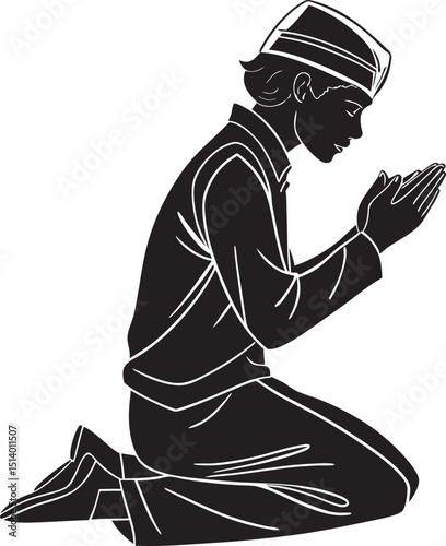 Silhouette of a Kneeling Figure in Traditional Outfit with Clasped Hands in Prayer, Representing Reverence and Spirituality, vector illustration of a man in hat