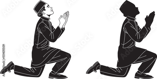 Monochromatic Illustration of Two Figures in Traditional Attire Kneeling in Prayer, One in Outline and One in Solid Silhouette