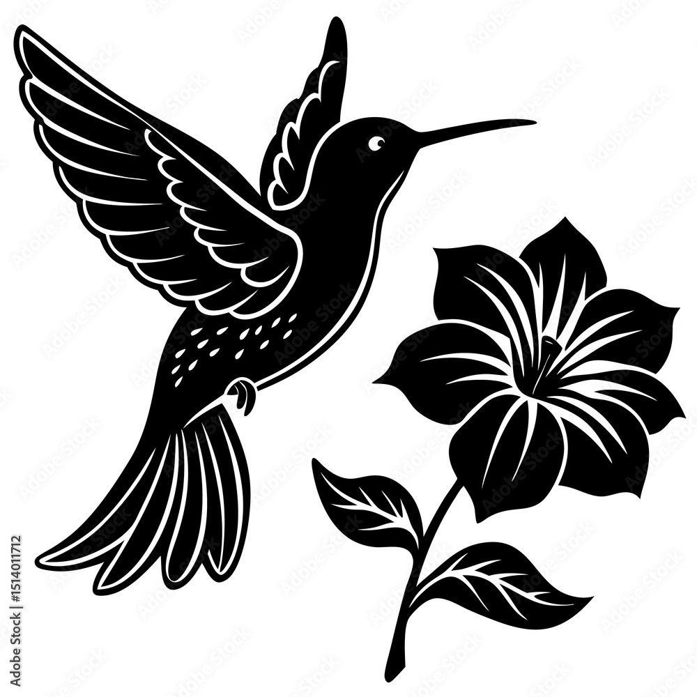 Obraz premium Black and White Hummingbird with Flower: Elegant Nature Art